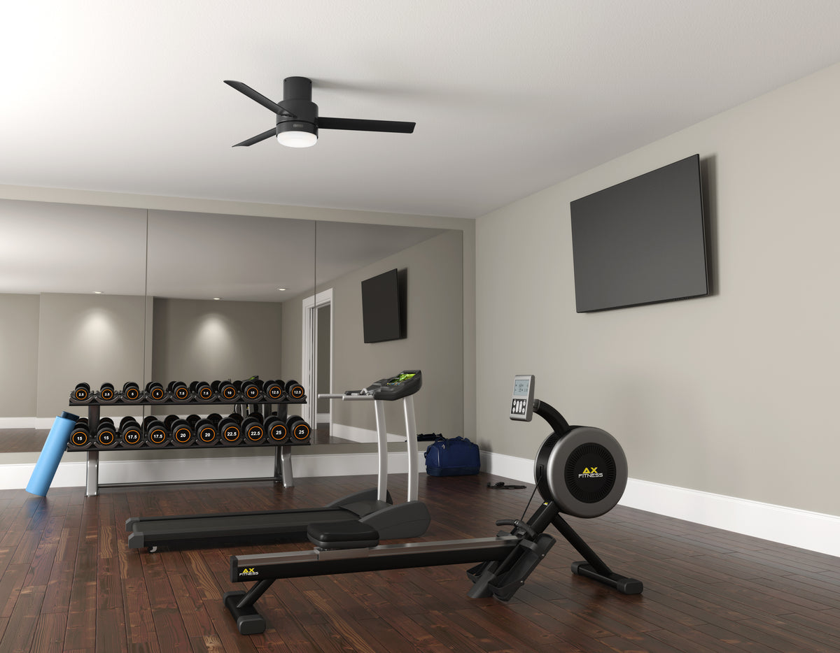 52 inch Gilmour Matte Black Low Profile Damp Rated Ceiling Fan with LED Light Kit and Handheld Remote