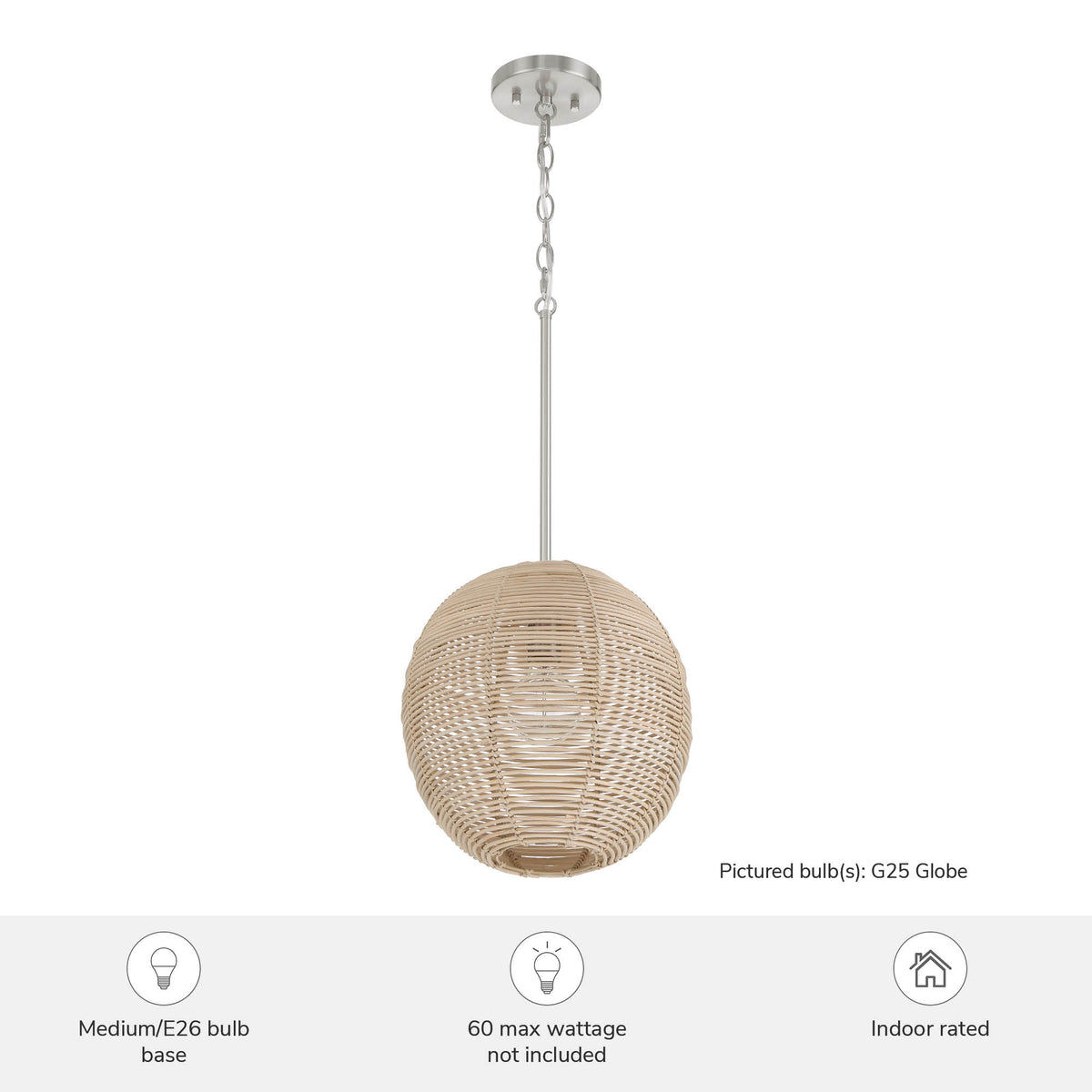Berkeley 13-inch 1-light Brushed Nickel Orb Pendant with Natural Rattan Shade