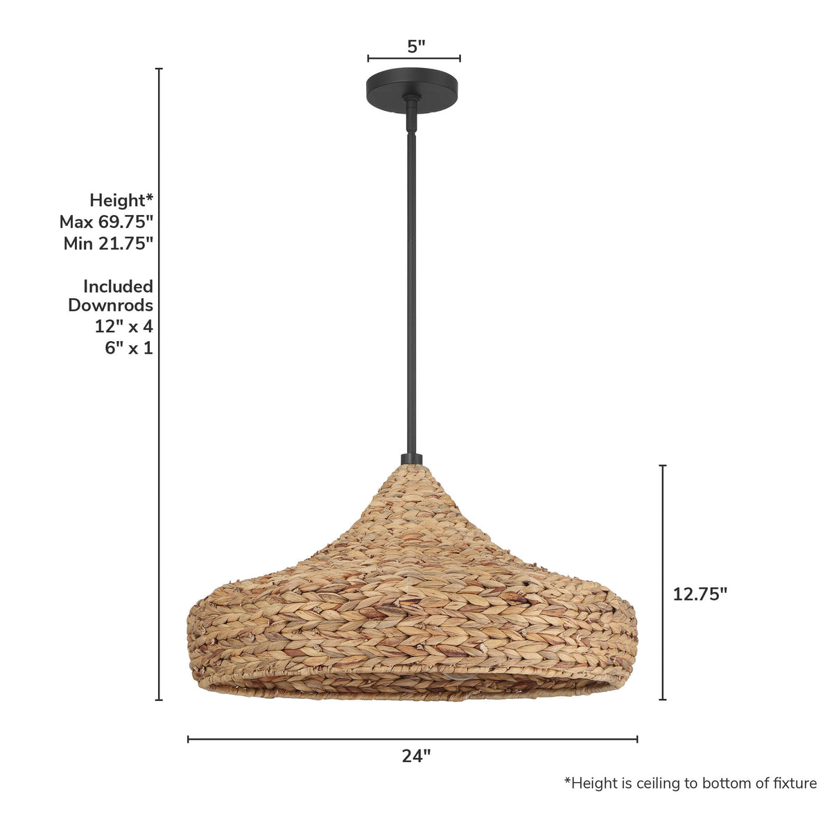 Cambria 24-inch 3-light Matte Black Pendant with Natural Seagrass Shade Martini Design