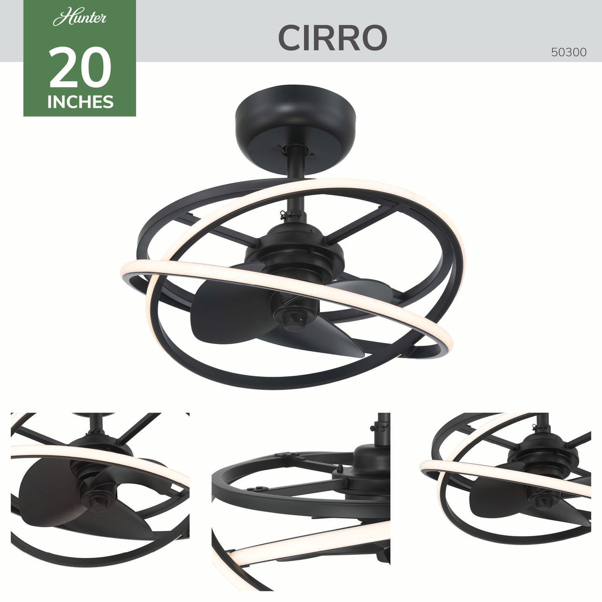 20 inch Cirro Fandelier Matte Black Ceiling Fan with LED Light Kit and Handheld Remote