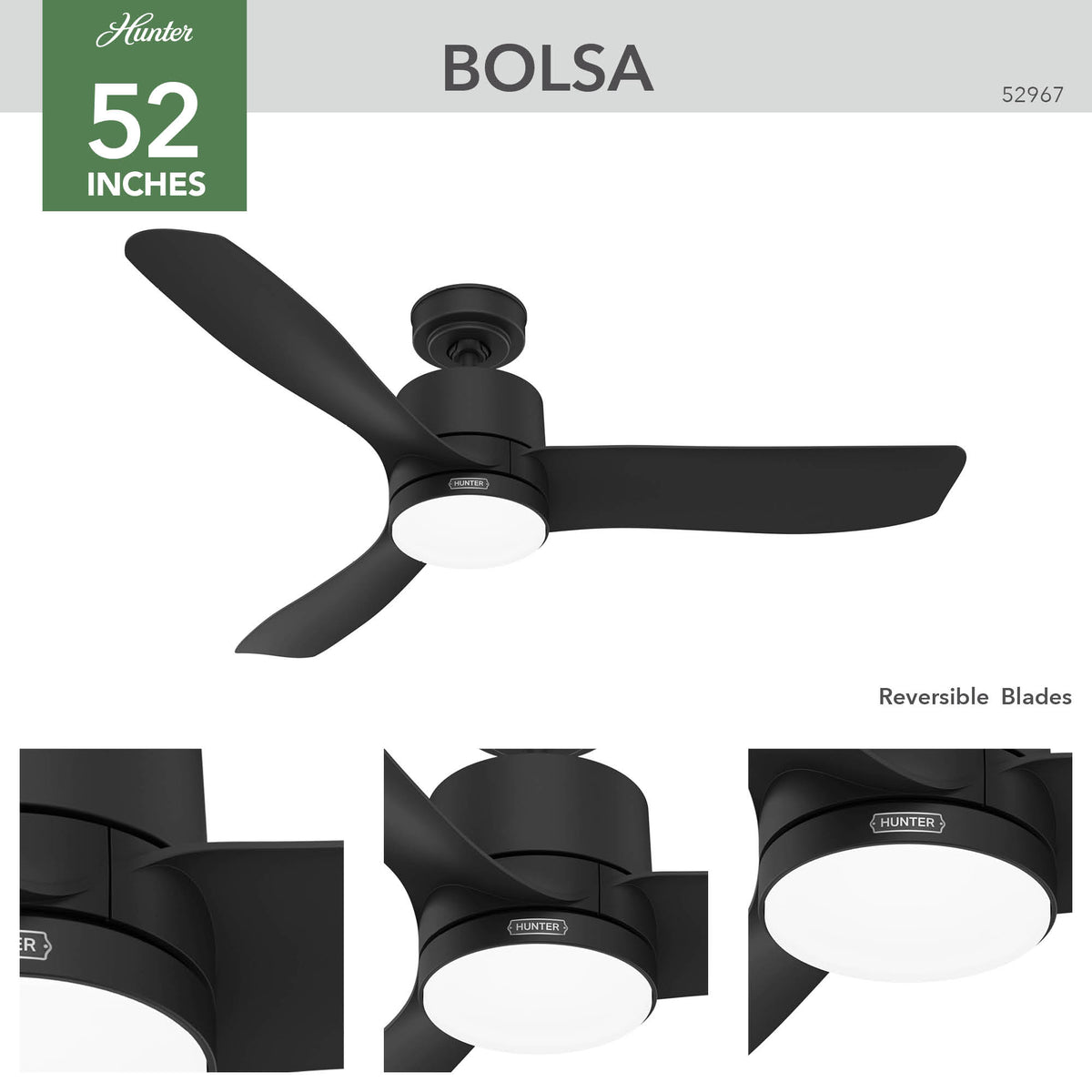 52 inch Bolsa Matte Black Ceiling Fan with LED Light Kit and Handheld Remote