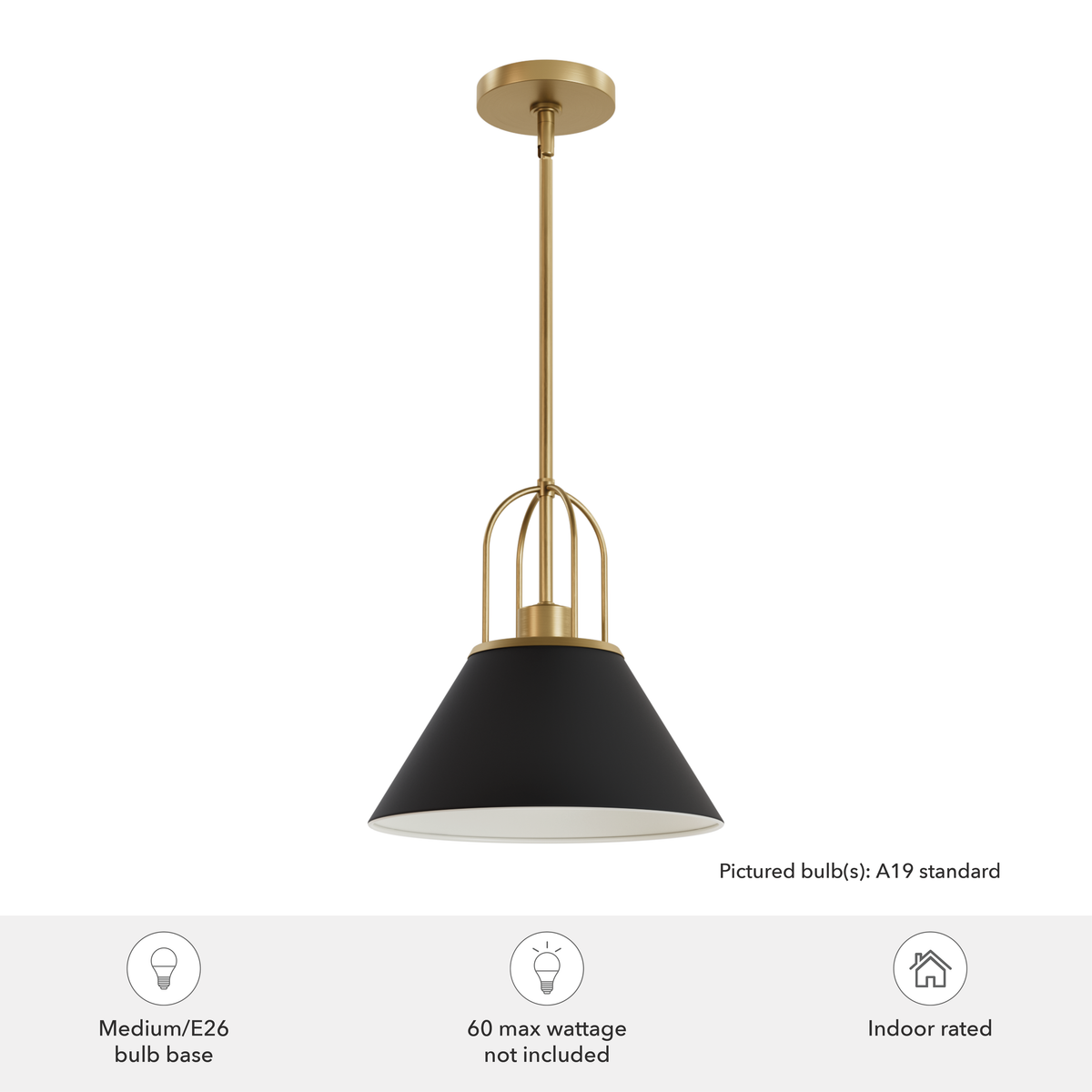 Carrington Isle 12-inch 1-light Matte Black and Luxe Gold Pendant with Matte Black Metal Shade