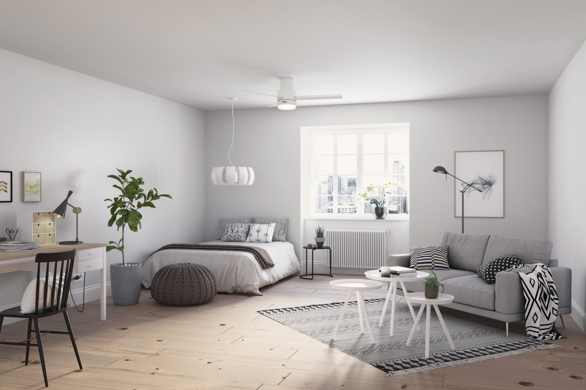 52 inch Gilmour Matte White Low Profile Damp Rated Ceiling Fan with LED Light Kit and Handheld Remote