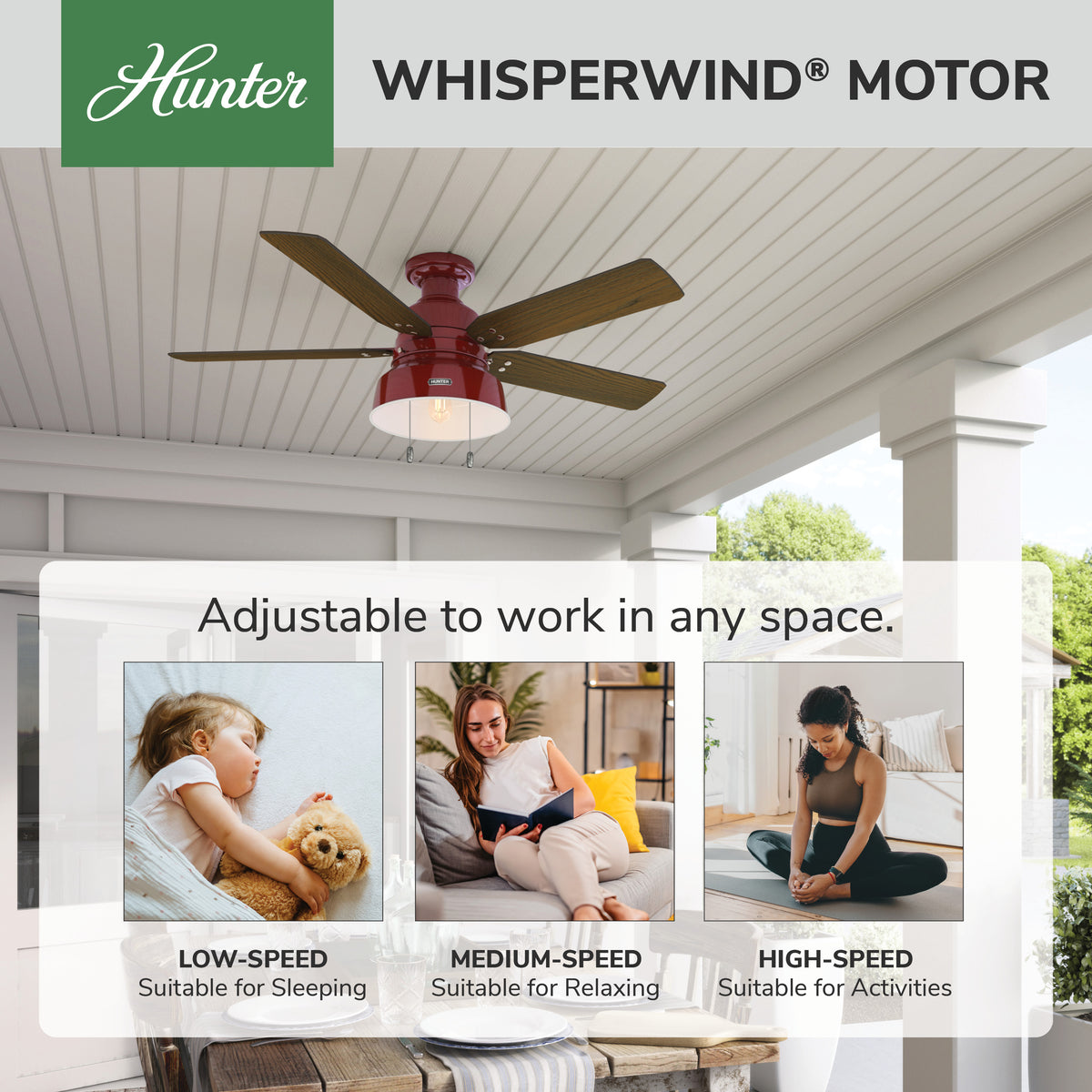 52 inch Mill Valley Barn Red Low Profile Damp Rated Ceiling Fan with LED Light Kit and Pull Chain
