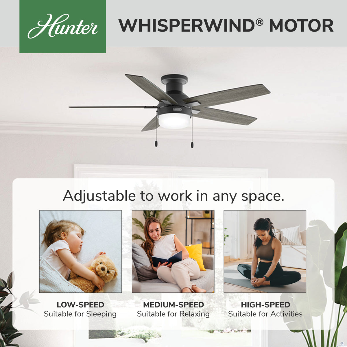 52 inch Anisten Matte Black Low Profile Ceiling Fan with LED Light Kit and Pull Chain