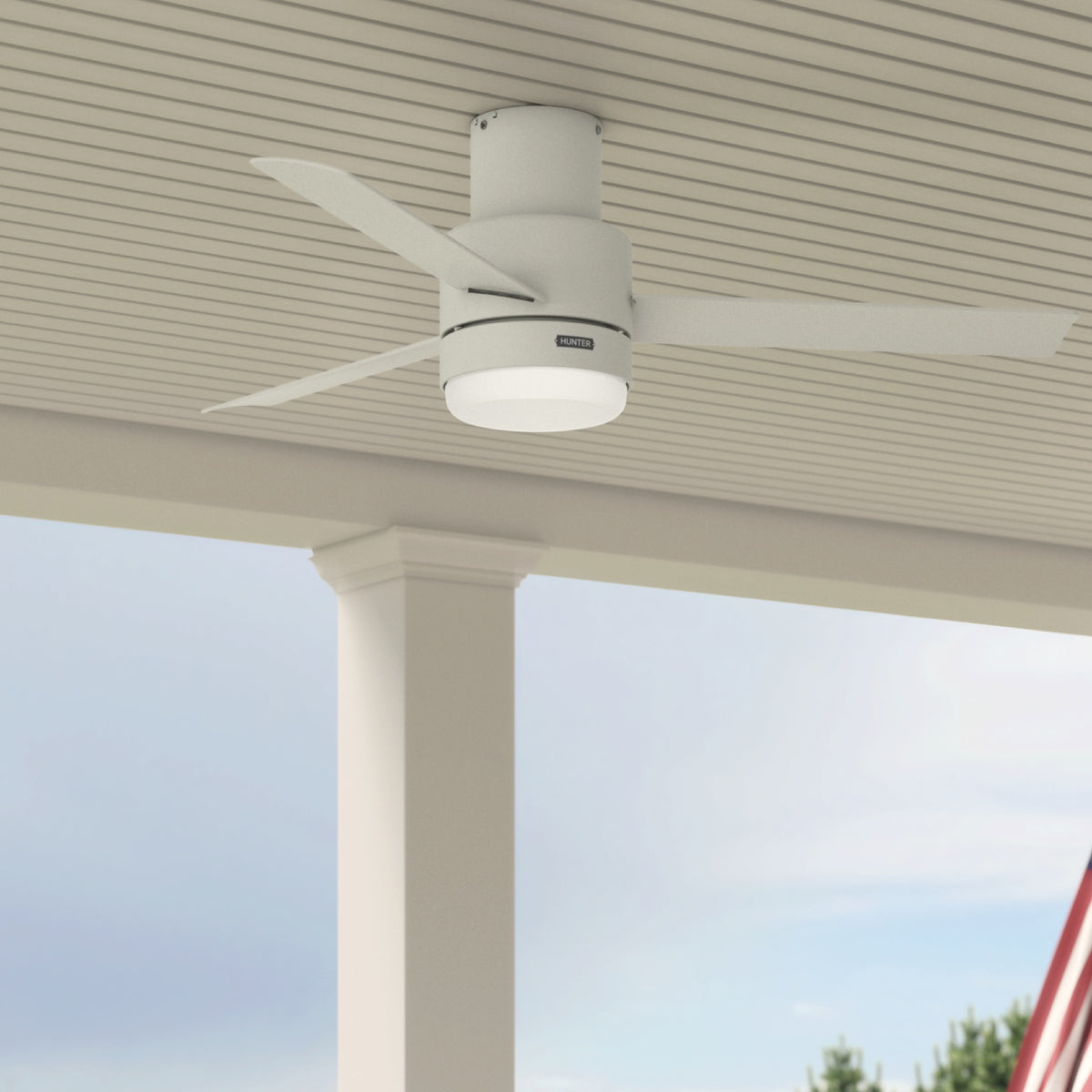 52 inch Gilmour Matte White Low Profile Damp Rated Ceiling Fan with LED Light Kit and Handheld Remote