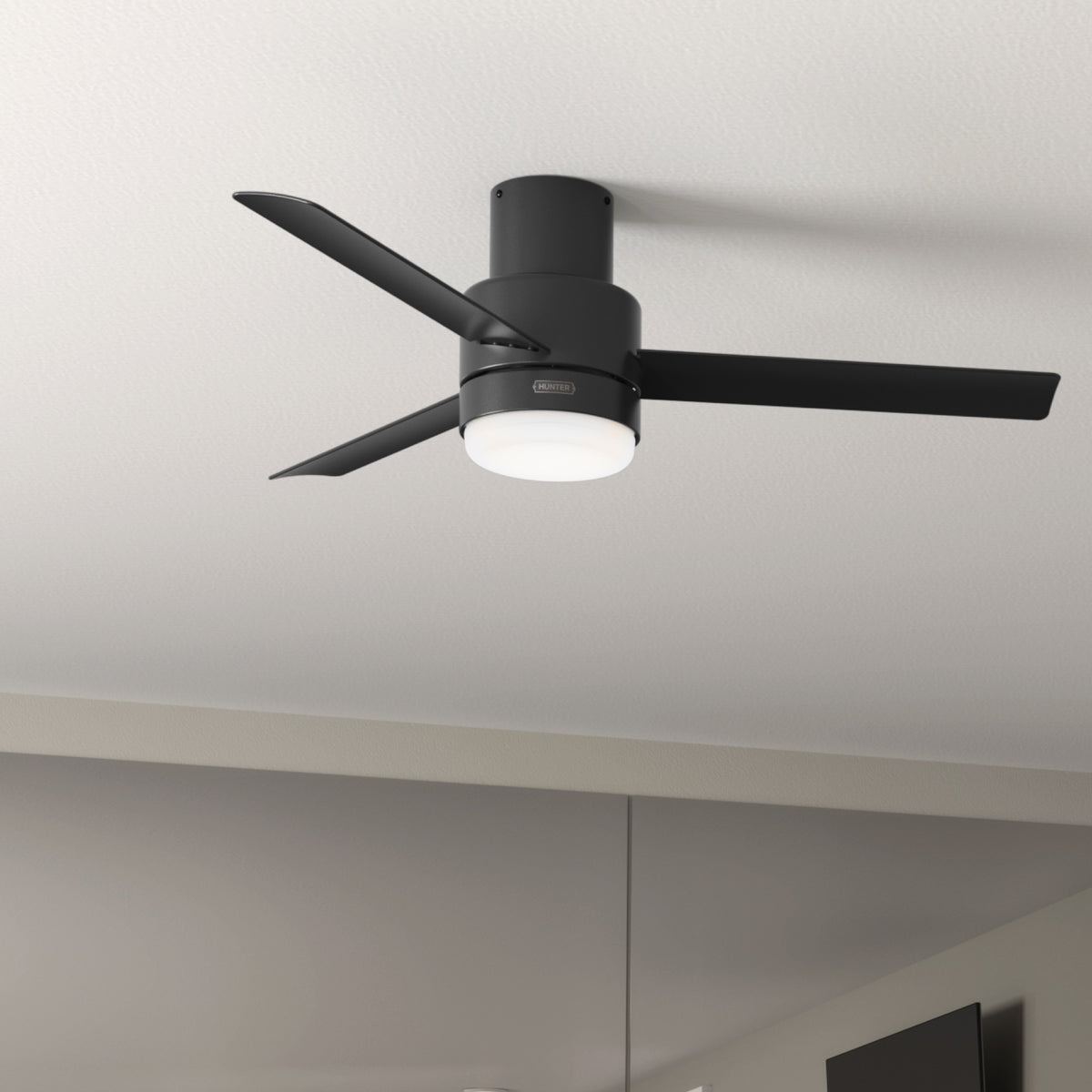 52 inch Gilmour Matte Black Low Profile Damp Rated Ceiling Fan with LED Light Kit and Handheld Remote