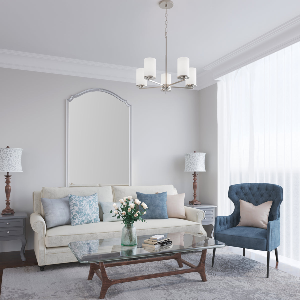 24-inch Verlana Brushed Nickel 5-Light Etched White Glass Chandelier