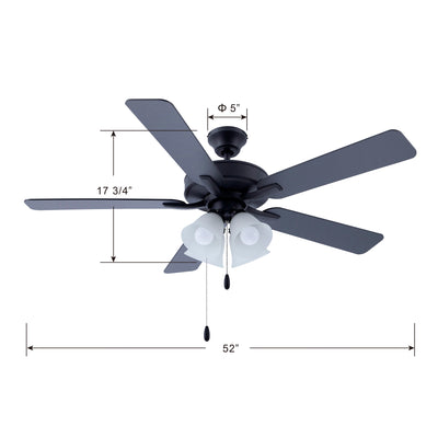 52 Inch Marisella AC Matte Black Indoor Ceiling Fan 5-Blade 4 Lights Reversible
