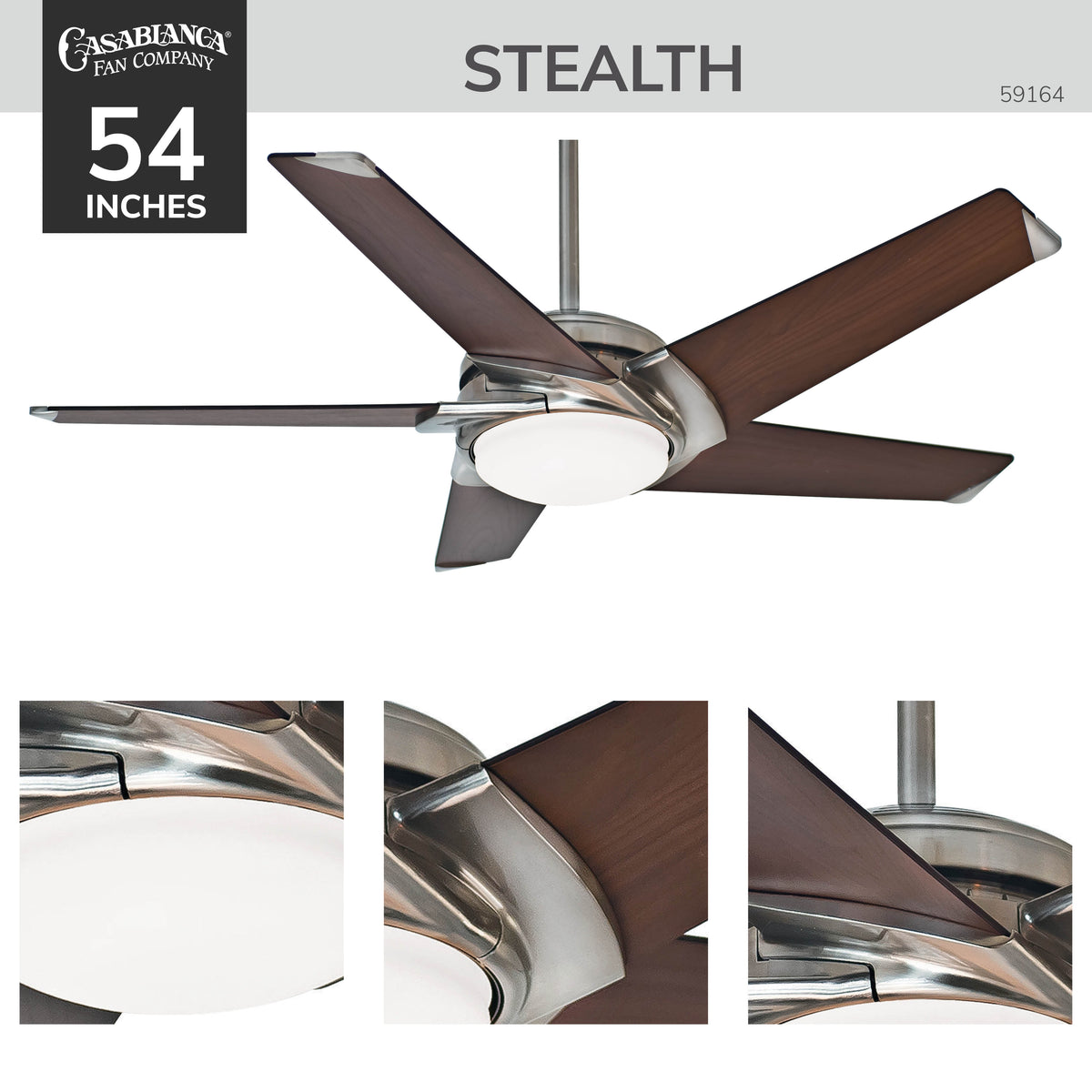 Casablanca 54 inch Stealth Brushed Nickel Ceiling Fan with LED Light Kit and Handheld Remote