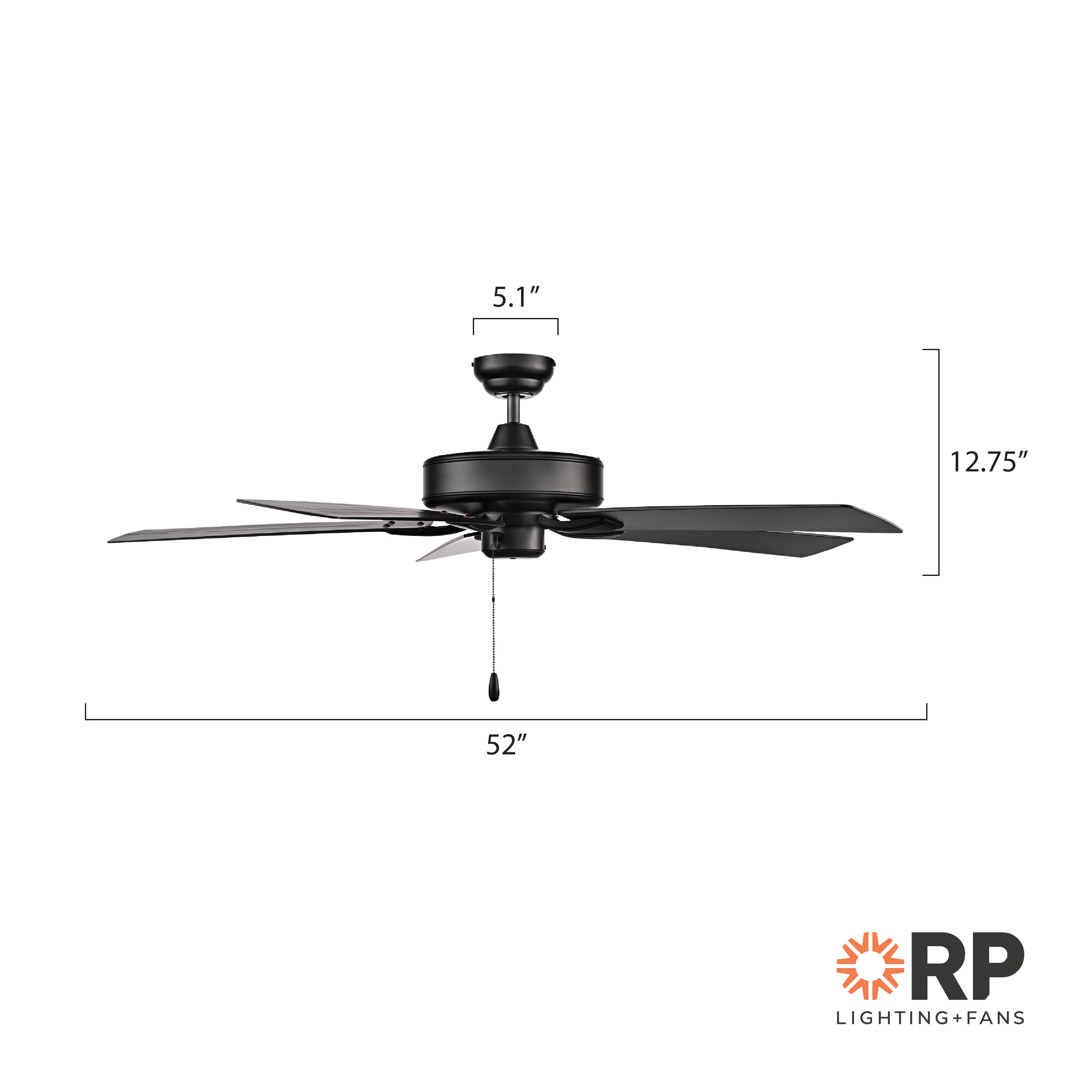 52 Inch Velbreeze AC Matte Black Outdoor Ceiling Fan 5-Blade