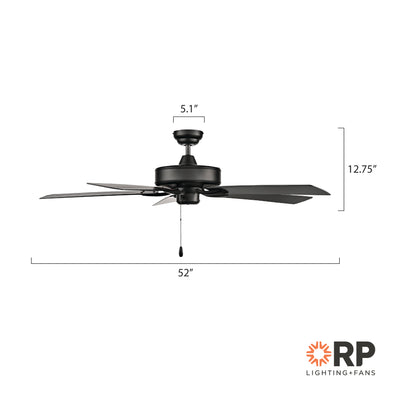 52 Inch Velbreeze AC Matte Black Outdoor Ceiling Fan 5-Blade