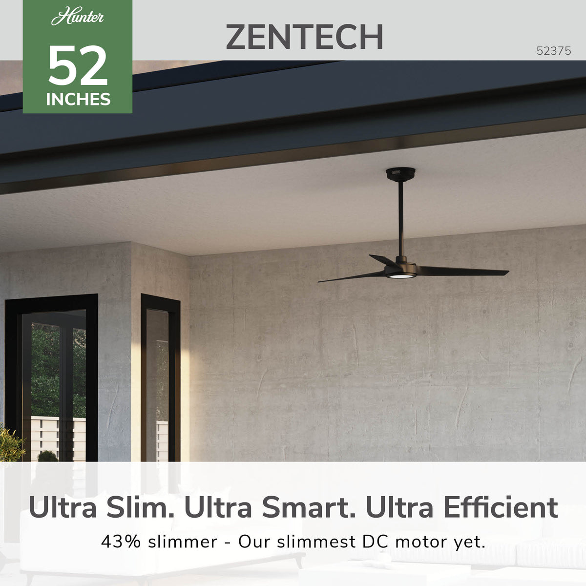 52 inch Zentech Wi-Fi ENERGY STAR® Matte Black Damp Rated Ceiling Fan with LED Light Kit and Remote