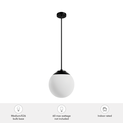 Hepburn 12-inch 1-light Matte Black Globe Pendant with Cased White Glass