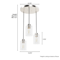 Hartland 13.75-inch 3-light Brushed Nickel Round Pendant Cluster with Seeded Glass