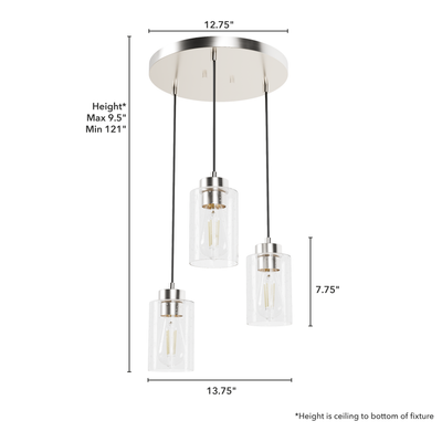 Hartland 13.75-inch 3-light Brushed Nickel Round Pendant Cluster with Seeded Glass