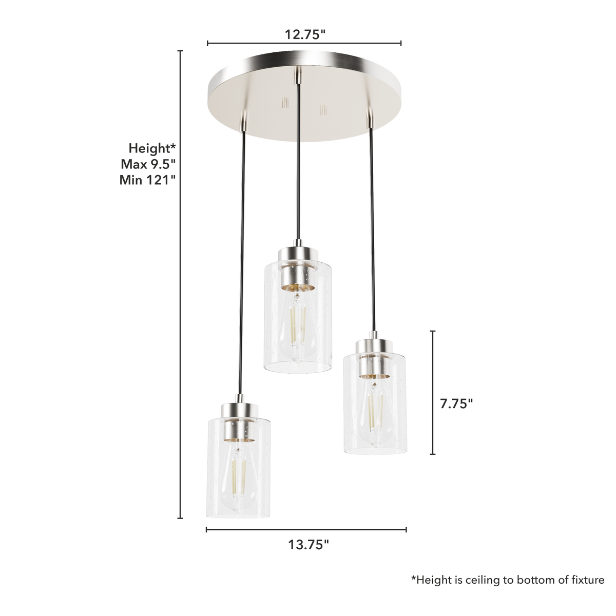 Hartland 13.75-inch 3-light Brushed Nickel Round Pendant Cluster with Seeded Glass