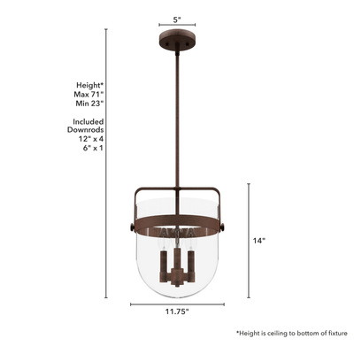 Karloff 12-inch 3-light Textured Rust Lantern Pendant with Clear Glass