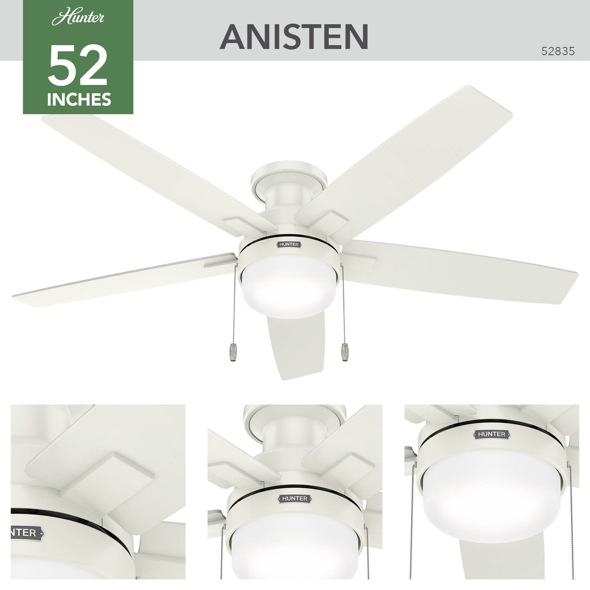 52 inch Anisten Fresh White Low Profile Ceiling Fan with LED Light Kit and Pull Chain