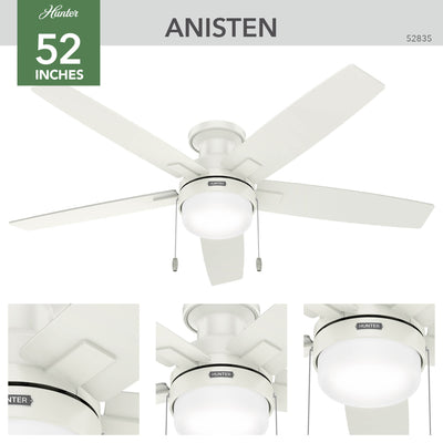 52 inch Anisten Fresh White Low Profile Ceiling Fan with LED Light Kit and Pull Chain