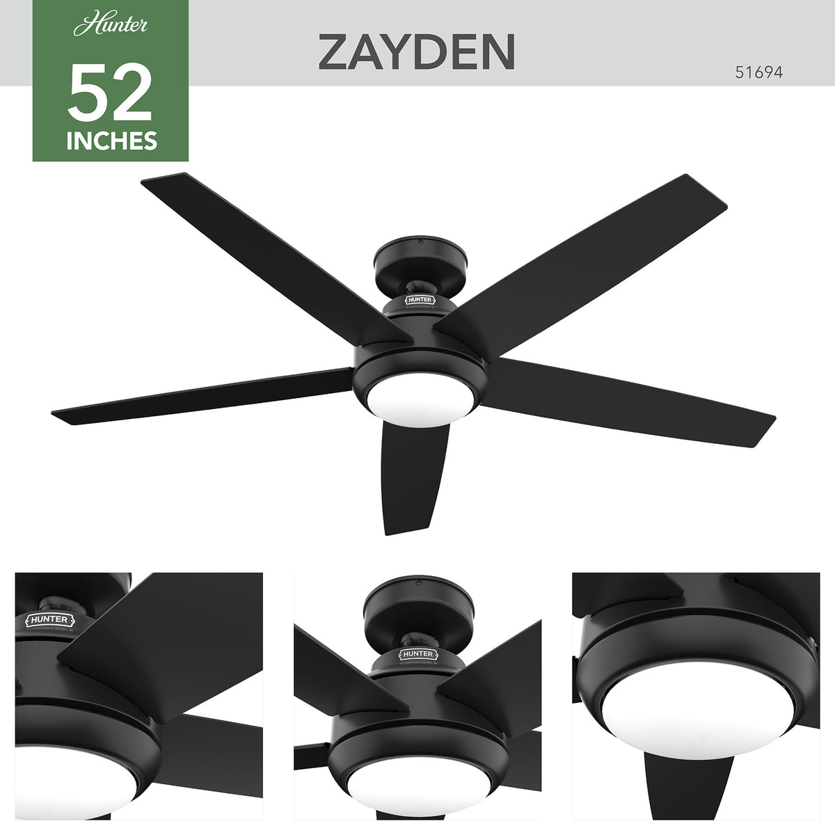 52 inch Zayden Matte Black Ceiling Fan with LED Light Kit and Handheld Remote