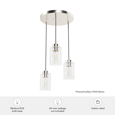Hartland 13.75-inch 3-light Brushed Nickel Round Pendant Cluster with Seeded Glass