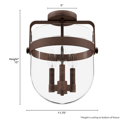 Karloff 11.75-inch 3-light Textured Rust Semi-Flush Mount with Clear Glass