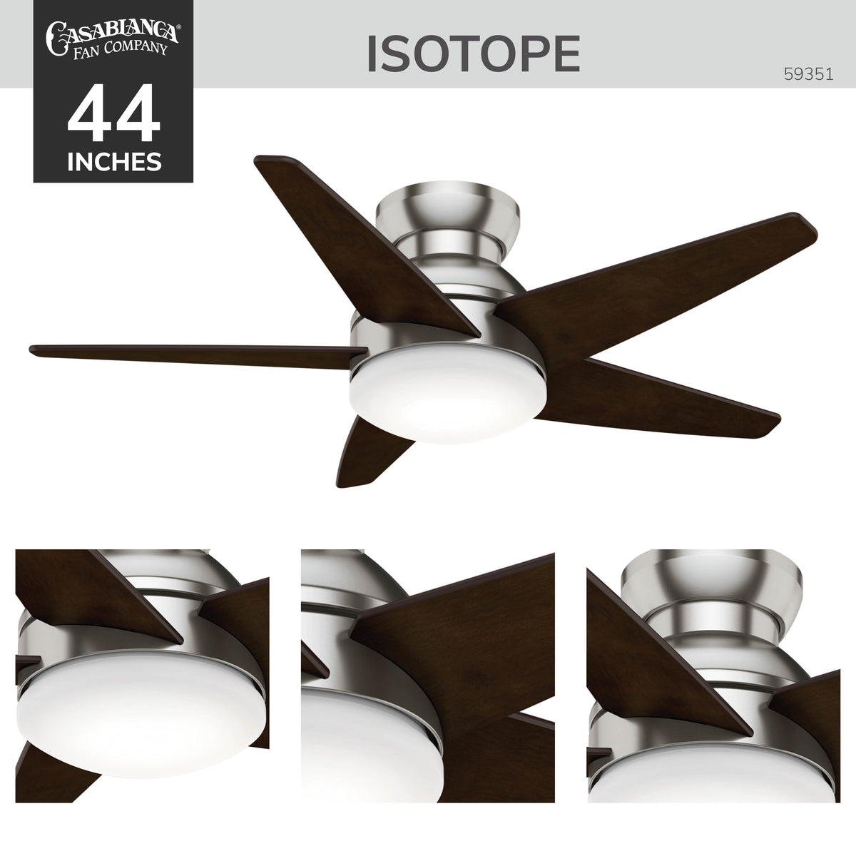 Casablanca 44 inch Isotope Brushed Nickel Low Profile Ceiling Fan with LED Light Kit and Wall Control