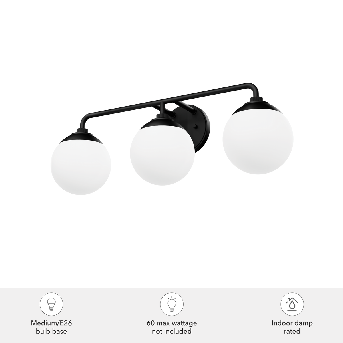 Hepburn 25-inch 3-light Matte Black Vanity Light with Cased White Glass