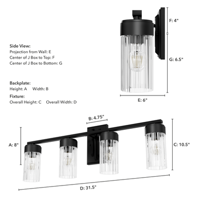 Gatz 31.5-inch 4-light Matte Black Vanity Light with Clear Fluted Glass