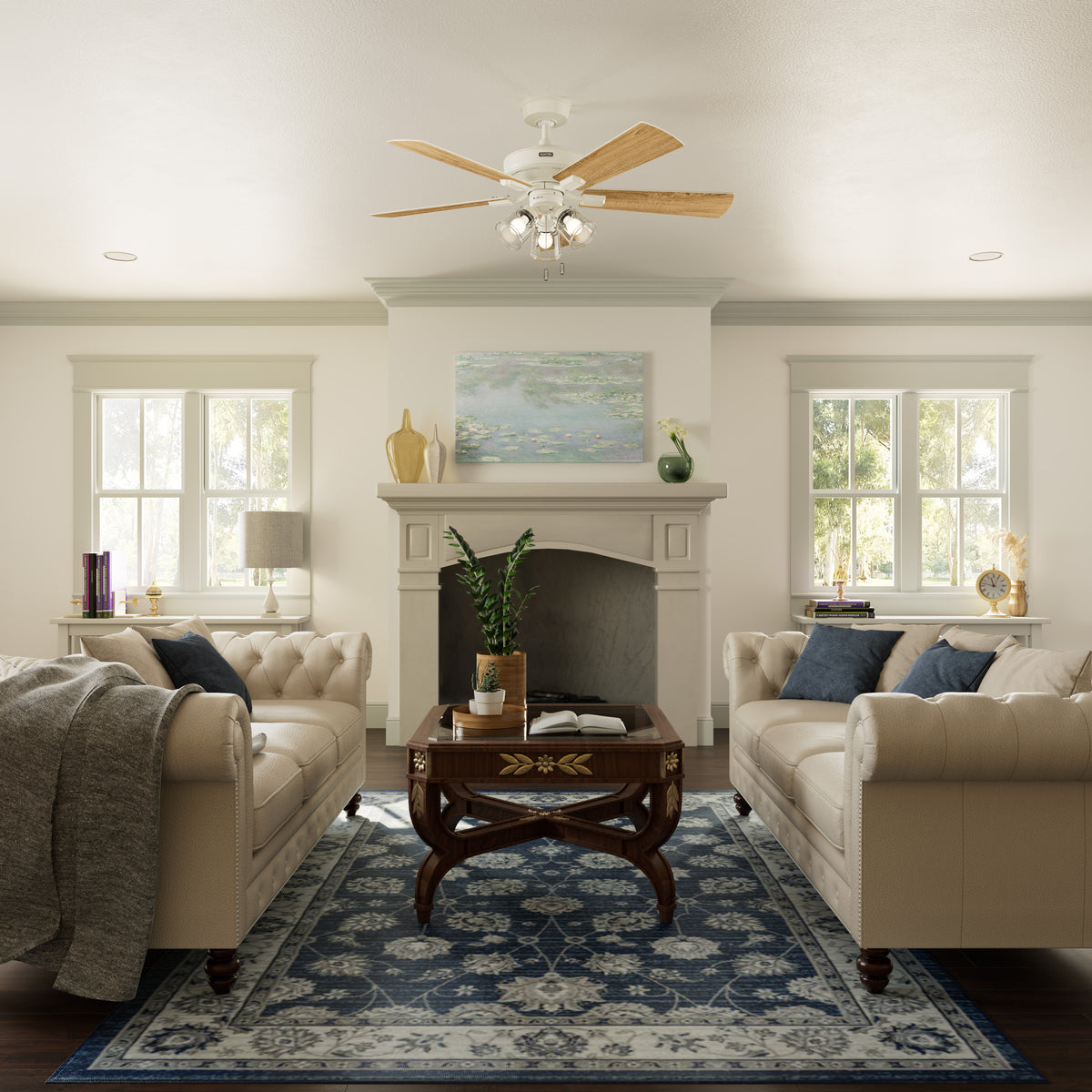 52 inch Crestfield HunterExpress Fresh White Ceiling Fan with LED Light Kit and Pull Chain