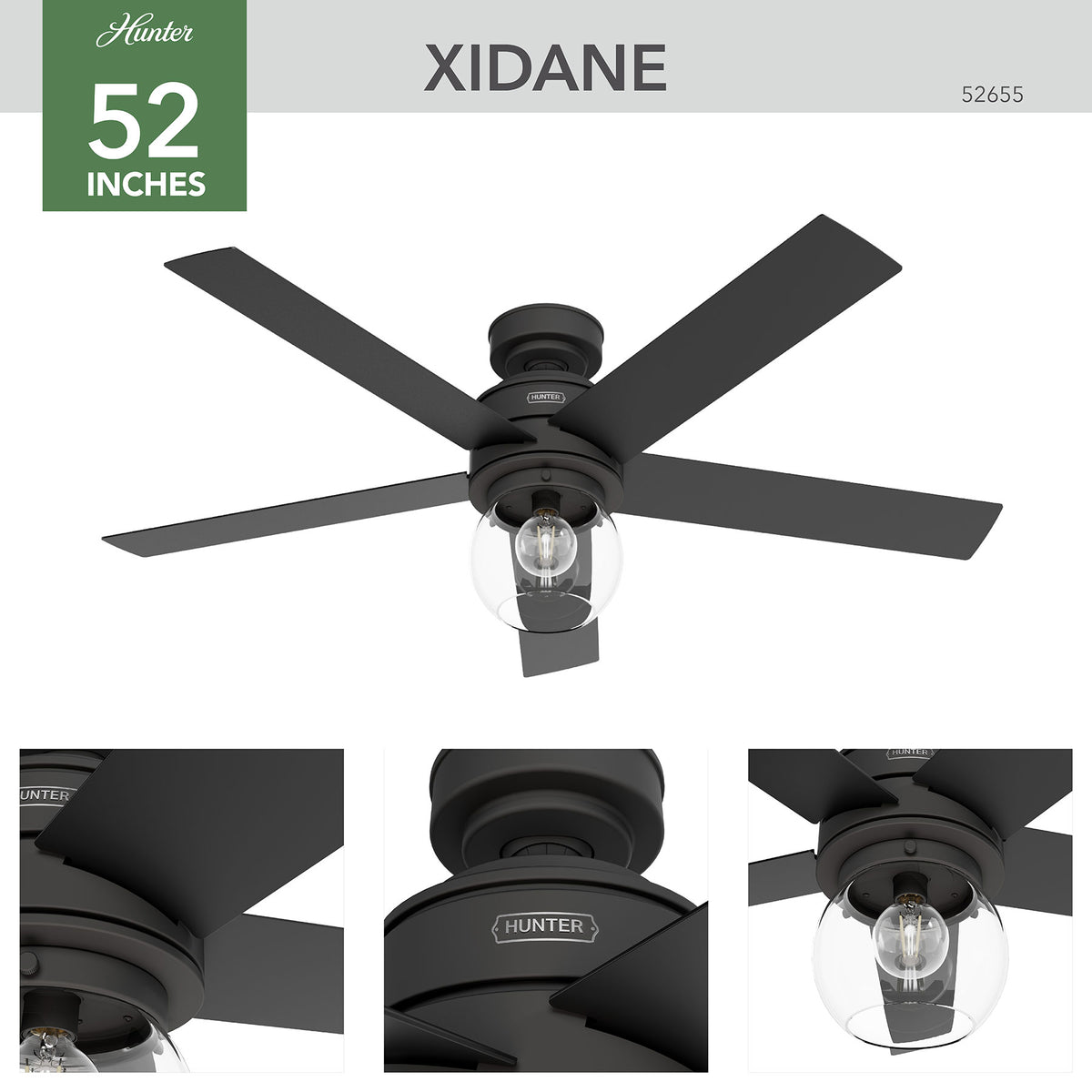 52 inch Xidane Matte Black Ceiling Fan with LED Light Kit and Handheld Remote