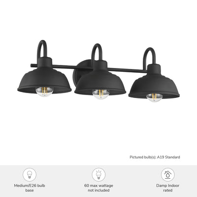 Mill Valley 23-inch 3-light Matte Black Vanity Light with Matte Black Metal Shade