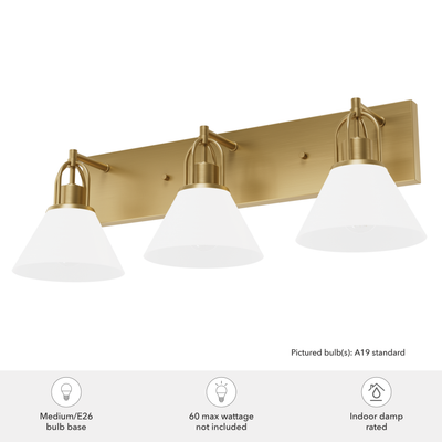 Carrington Isle 27.25-inch 3-light Luxe Gold Vanity Light with Cased White Glass