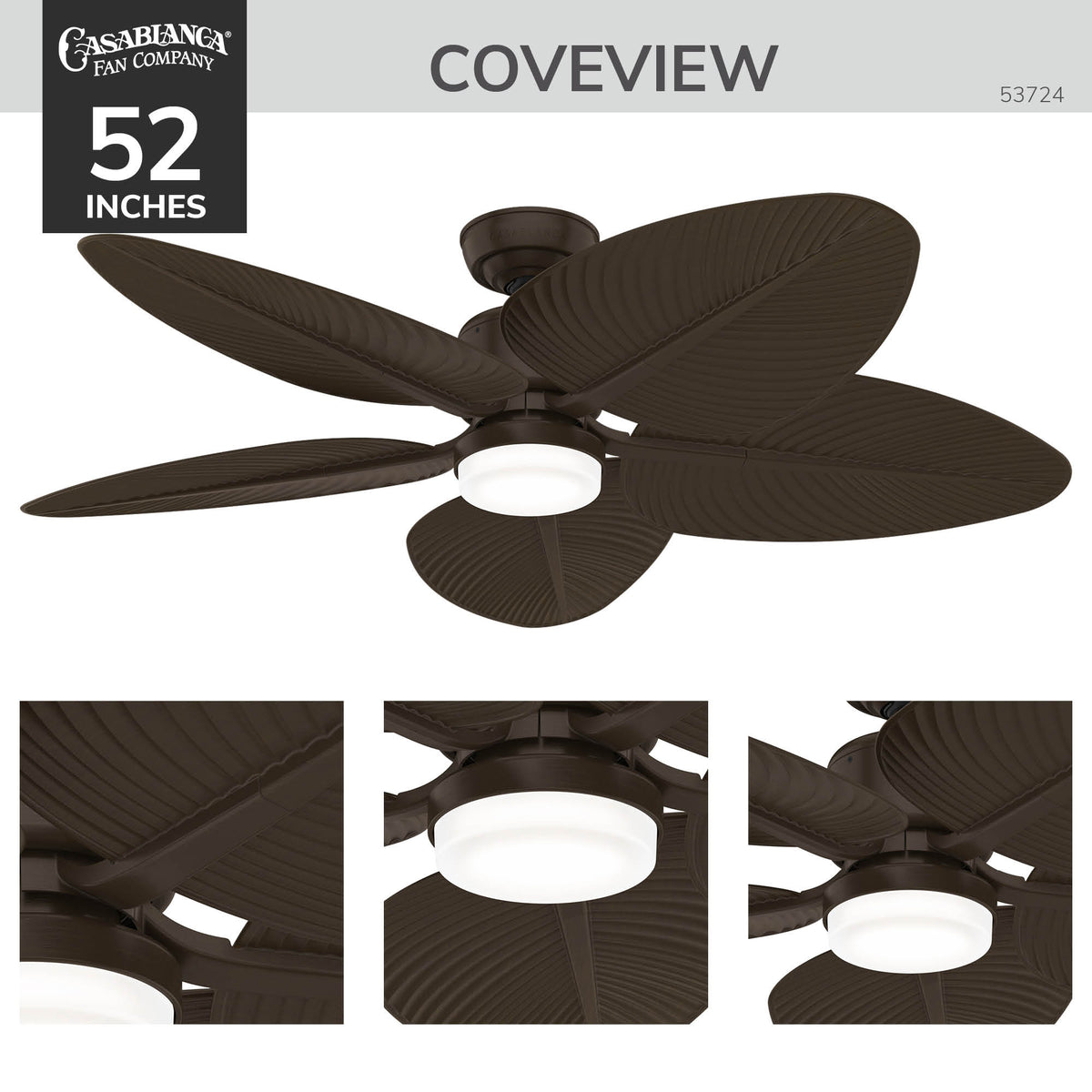 Casablanca 52 inch Coveview ENERGY STAR® Matte Bronze Damp Rated Ceiling Fan with LED Light Kit and Wall Control and Handheld Remote