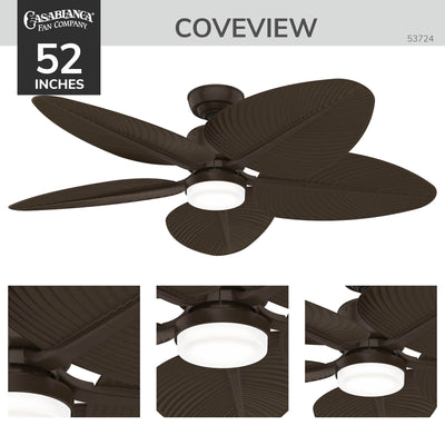 Casablanca 52 inch Coveview ENERGY STAR® Matte Bronze Damp Rated Ceiling Fan with LED Light Kit and Wall Control and Handheld Remote