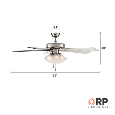 52 Inch Calivane AC Brushed Nickel Indoor Ceiling Fan 5-Blade 4 Lights Reversible