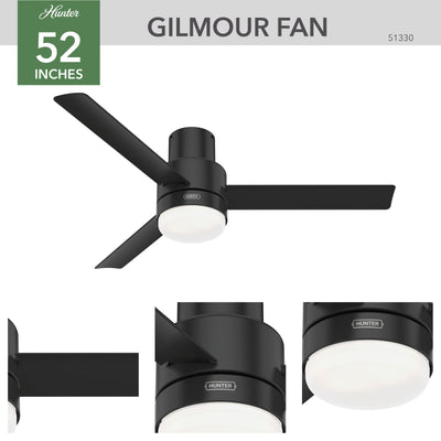 52 inch Gilmour Matte Black Low Profile Damp Rated Ceiling Fan with LED Light Kit and Handheld Remote