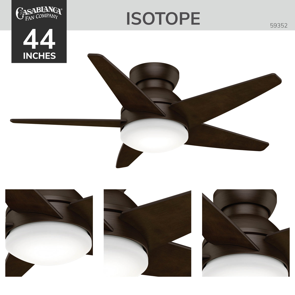 Casablanca 44 inch Isotope Brushed Cocoa Low Profile Ceiling Fan with LED Light Kit and Wall Control