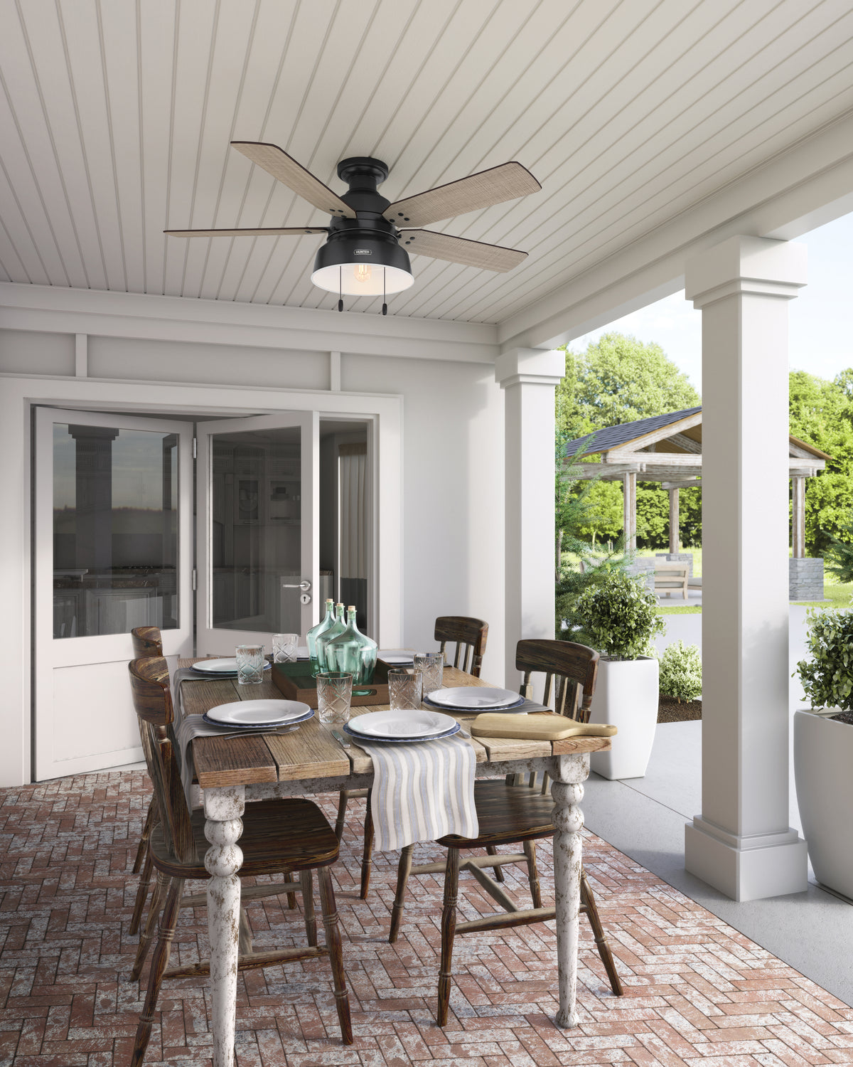 52 inch Mill Valley Matte Black Low Profile Damp Rated Ceiling Fan with LED Light Kit and Pull Chain