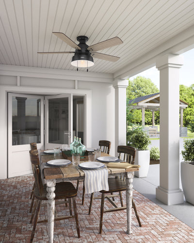 52 inch Mill Valley Matte Black Low Profile Damp Rated Ceiling Fan with LED Light Kit and Pull Chain
