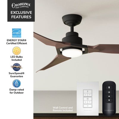 Casablanca 52 inch Eula ENERGY STAR® Matte Black Damp Rated Ceiling Fan with LED Light Kit and Wall Control and Handheld Remote