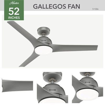 52 inch Gallegos Matte Silver Damp Rated Ceiling Fan with LED Light Kit and Wall Control