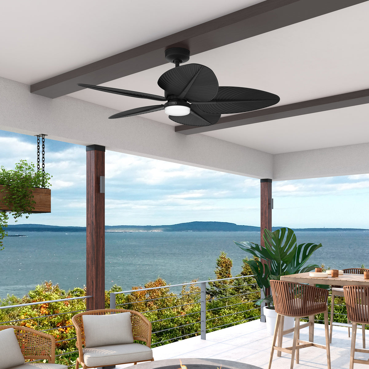 52 inch Tropic View Matte Black Damp Rated Ceiling Fan with LED Light Kit and Wall Control