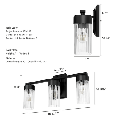 Gatz 22.25-inch 3-light Matte Black Vanity Light with Clear Fluted Glass