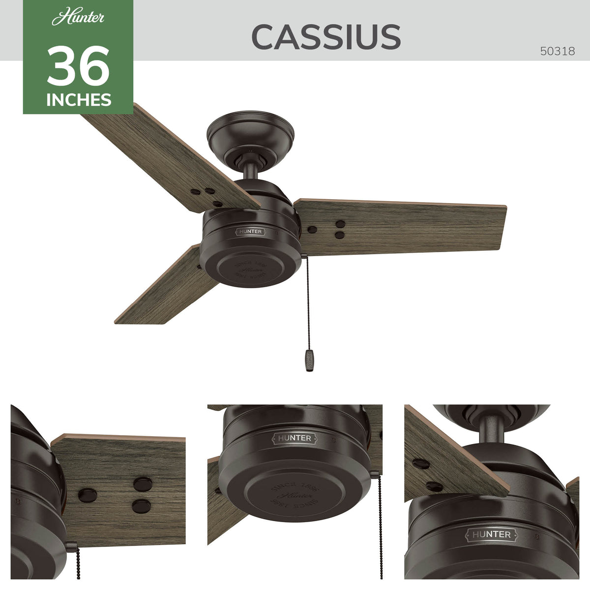 36 inch Cassius Noble Bronze Damp Rated Ceiling Fan and Pull Chain