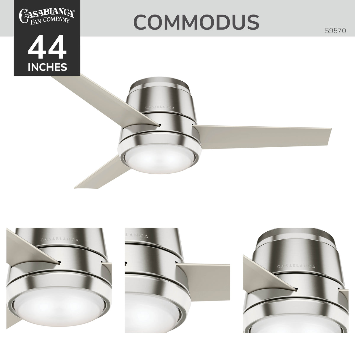 Casablanca 44 inch Commodus Brushed Nickel Low Profile Ceiling Fan with LED Light Kit and Wall Control