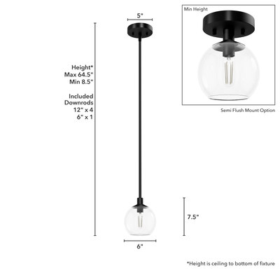 Xidane 6-inch 1-light Matte Black Globe Pendant with Clear Glass