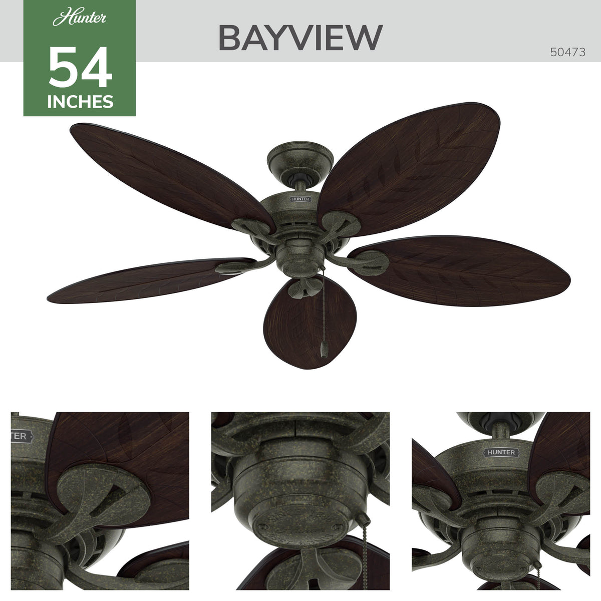 54 inch Bayview Provencal Gold Damp Rated Ceiling Fan and Pull Chain