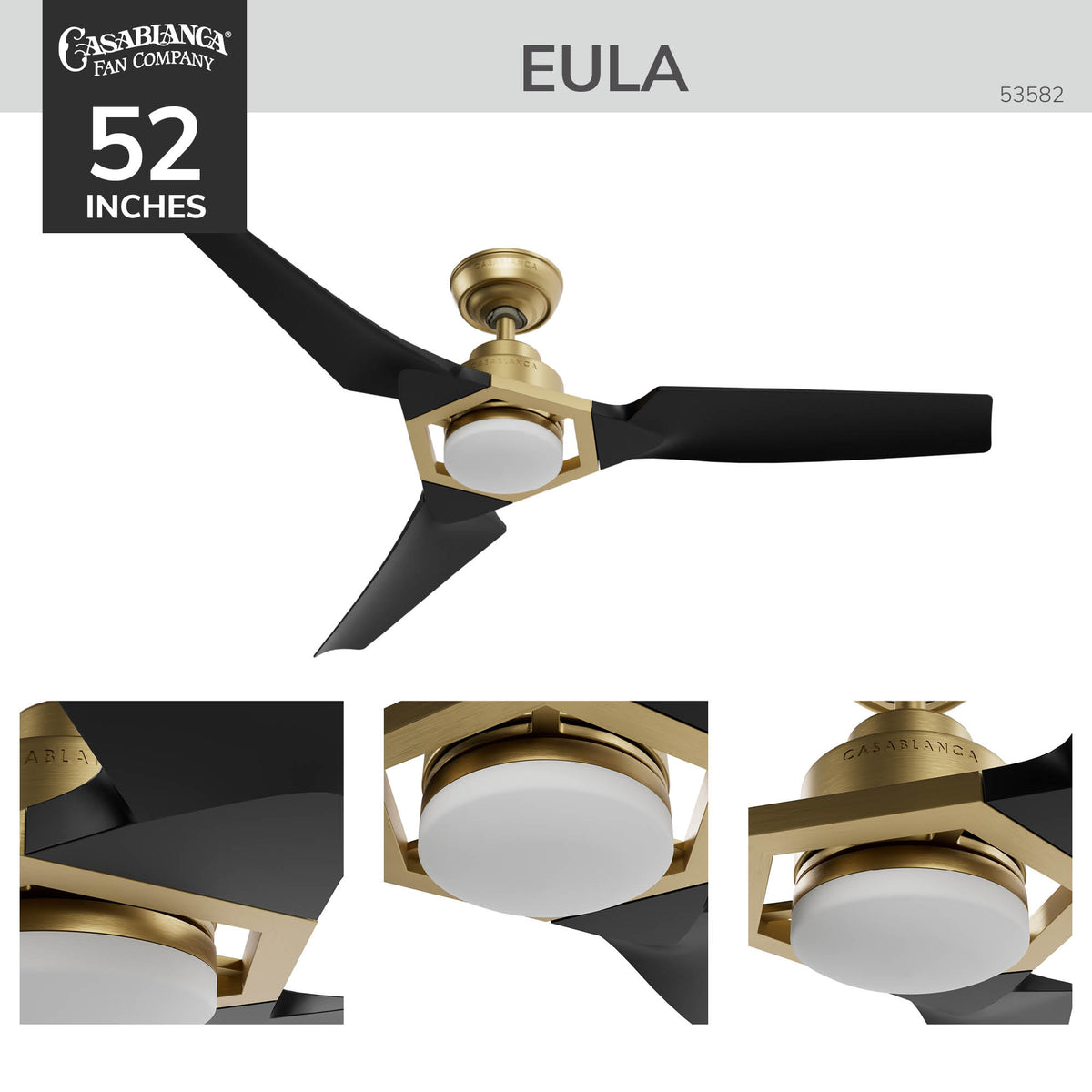 Casablanca 52 inch Eula ENERGY STAR® Brass Damp Rated Ceiling Fan with LED Light Kit and Wall Control and Handheld Remote